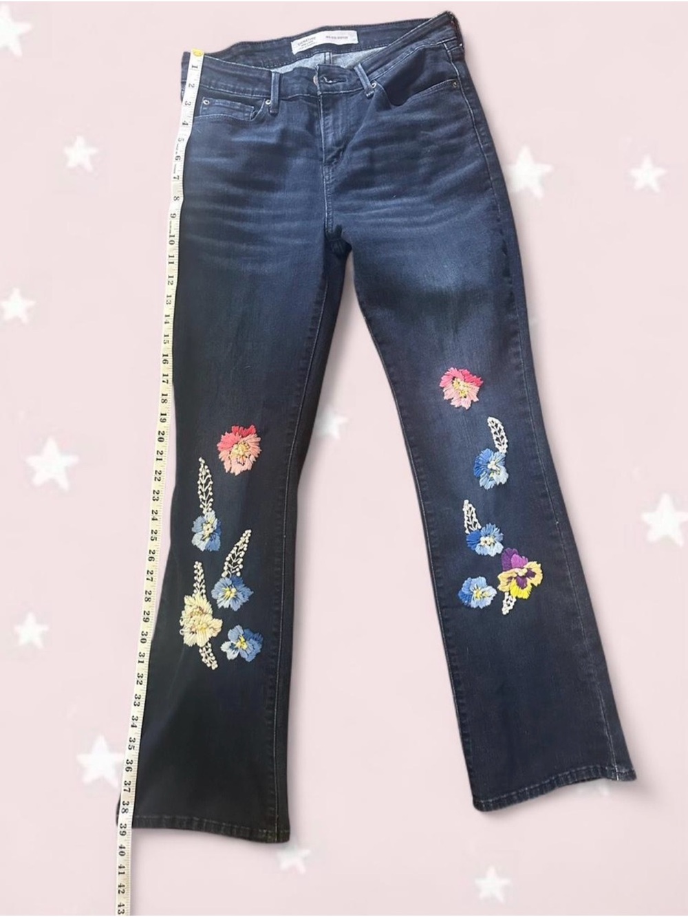 Signature by Levi Strauss Dark Blue Flare Jeans with Hand Floral Embroidery - Picture 5 of 7